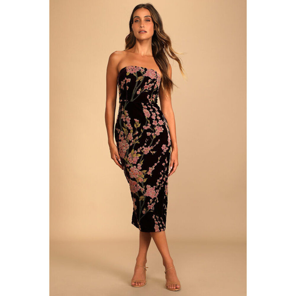 Lulus Buy You Flowers Plum Floral Print Velvet Strapless Midi Dress Purple